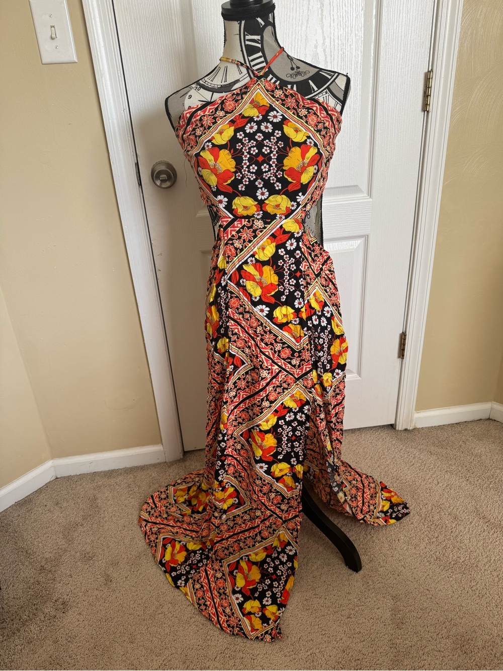 Forever 21 Black Maxi Dress with Yellow and Orange Floral Bandana Print